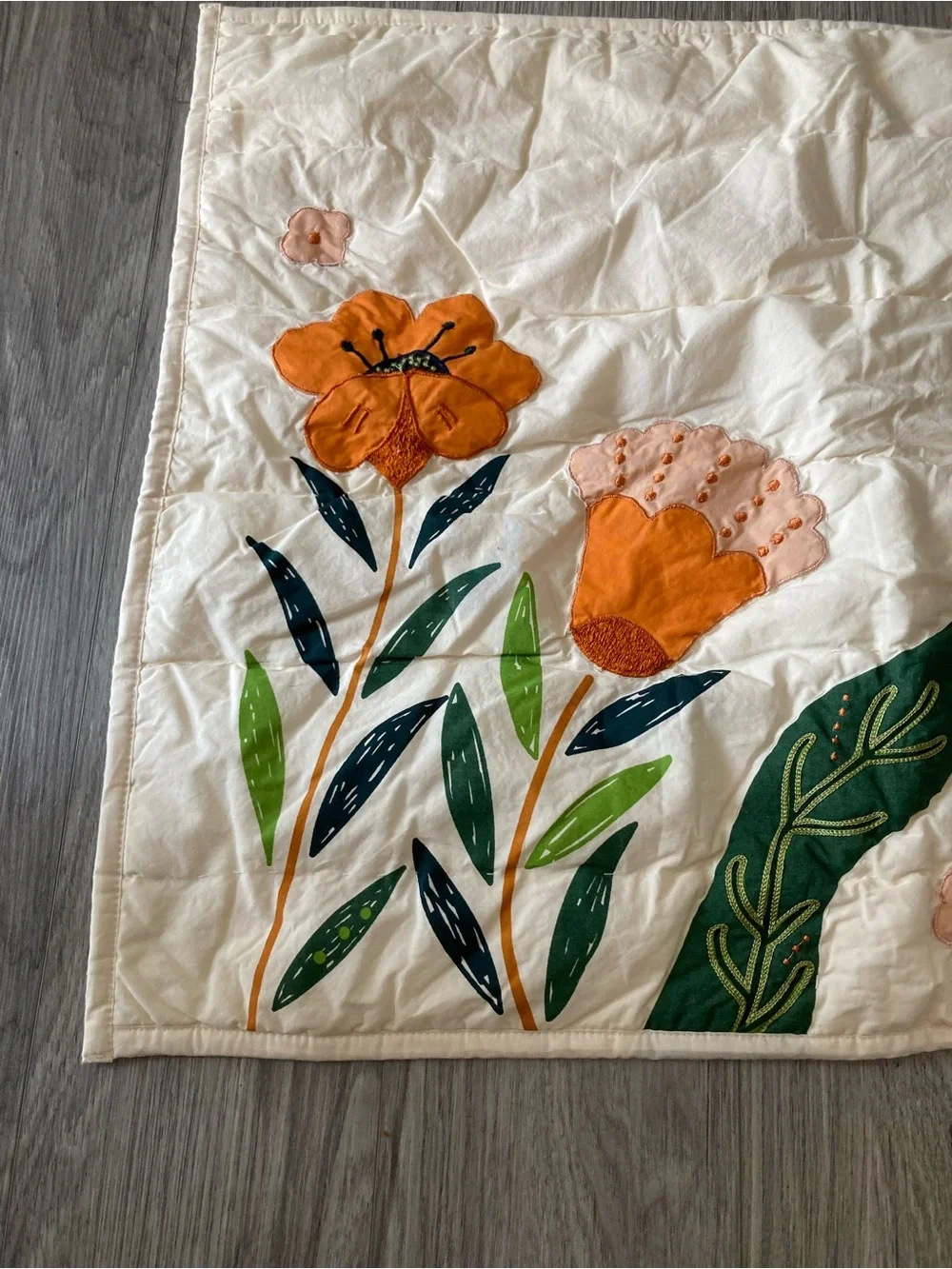 Crate & Barrel Cream Quilted Pillow Sham with Orange Floral Appliqué Standard